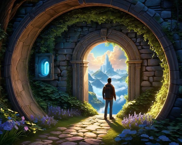 Mystical Landscape with Archway and Castle in Clouds