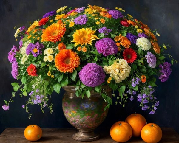 Vibrant Floral Arrangement with Ripe Oranges