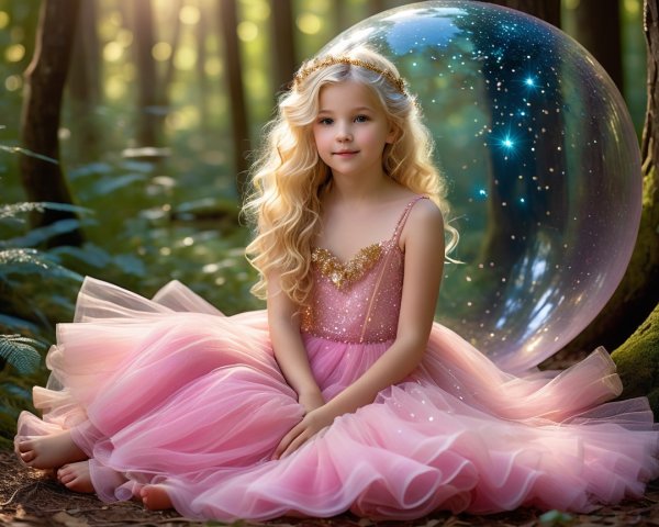 Young girl in pink dress amidst a magical forest scene