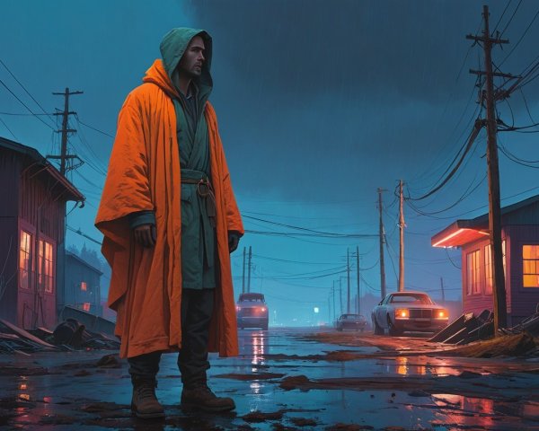 Lone Figure in Rain-Soaked Urban Landscape with Cloak