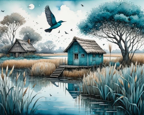 Tranquil Blue House in Serene Rural Landscape