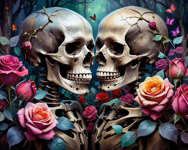 Intricate Skeletons Surrounded by Vibrant Roses and Butterflies
