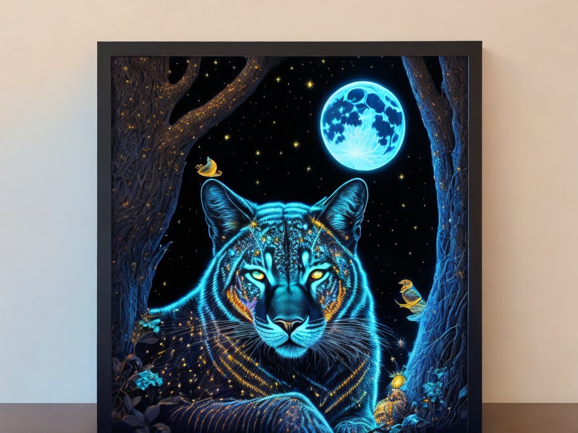 Luminous tiger with glowing blue fur in night scene