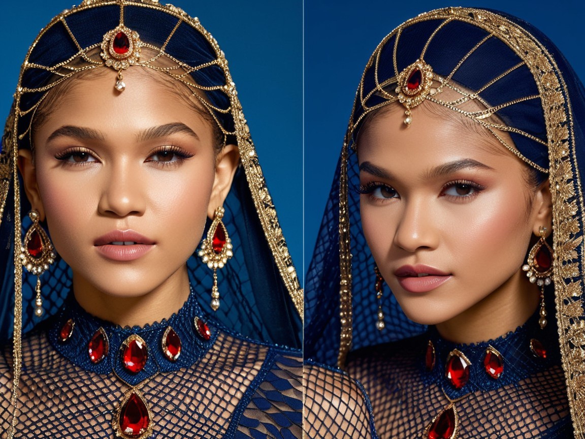 Model in Blue Attire with Gold Jewelry and Red Accents