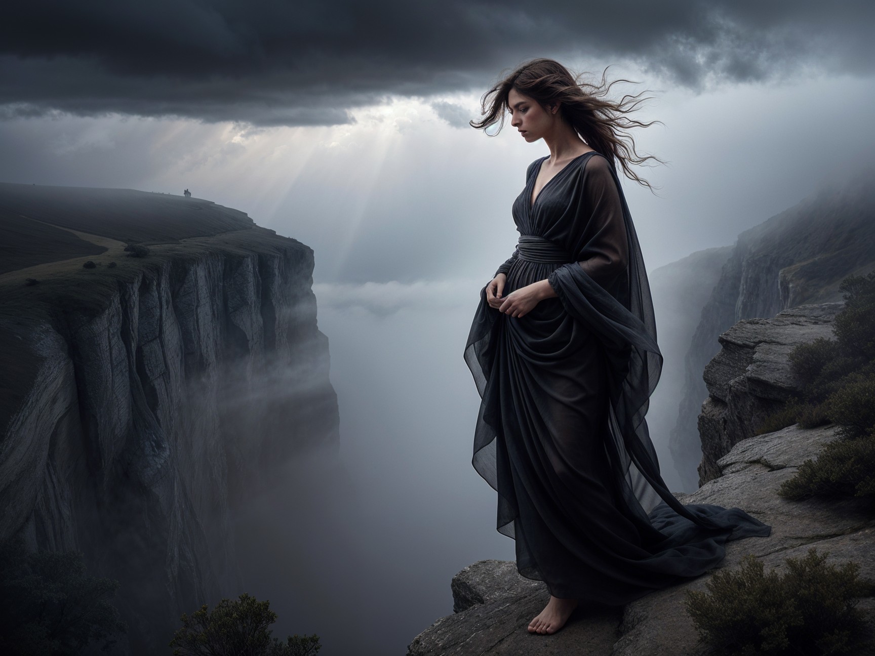 Woman in Dark Gown on Misty Cliff with Dramatic Sky