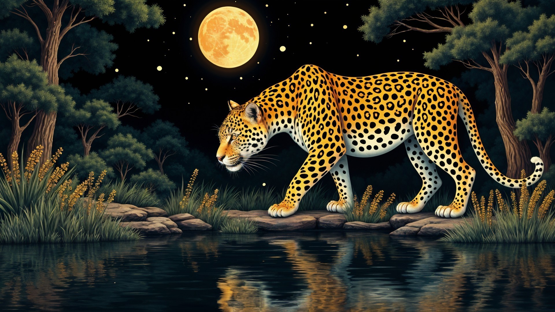 Leopard Walking by Moonlit Water in Lush Forest