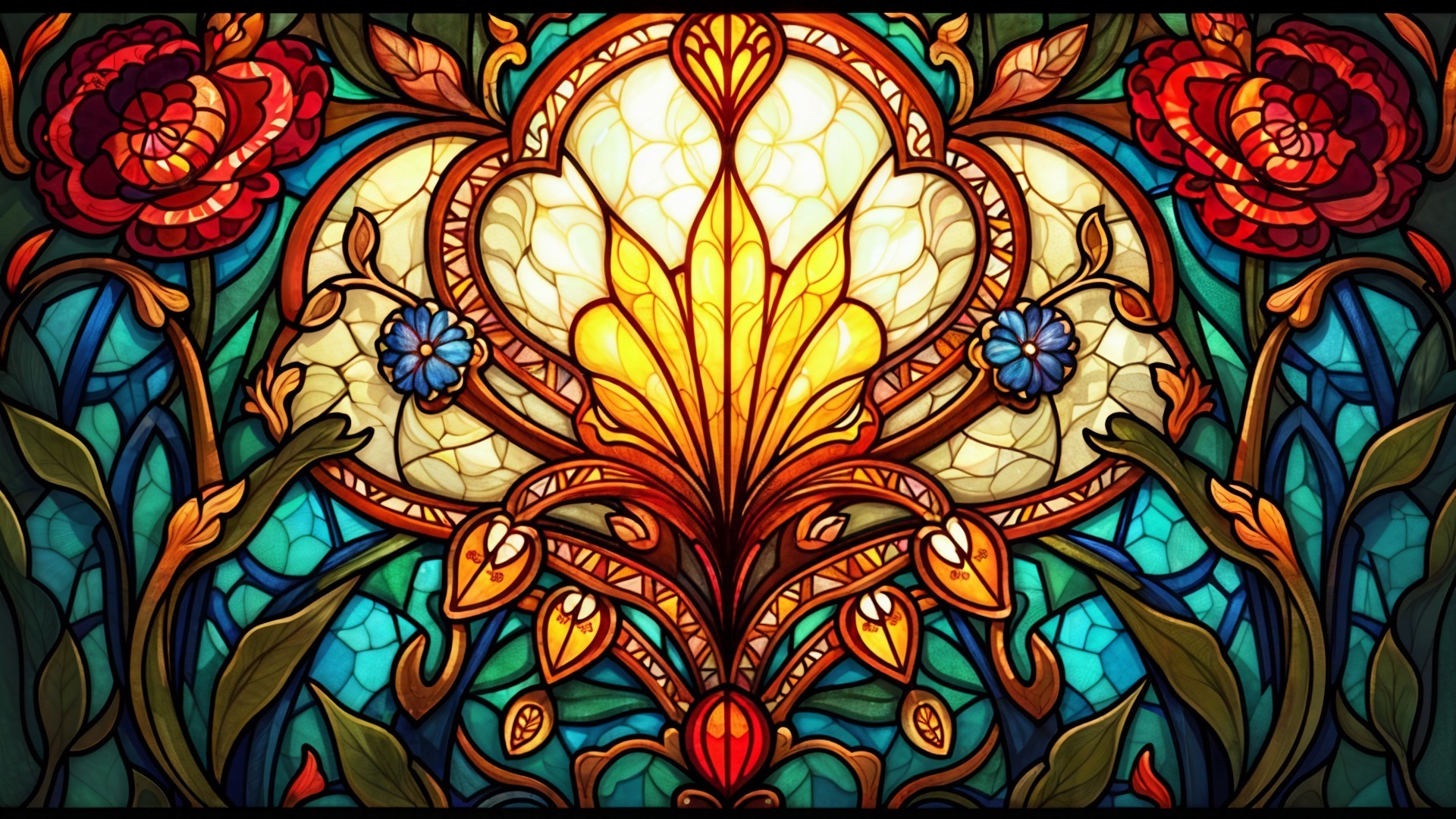 Vibrant Stained Glass Floral Design with Colorful Motifs