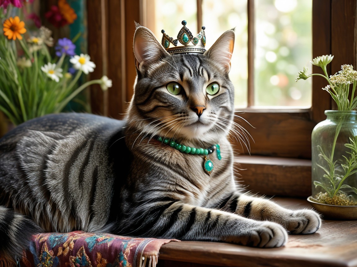 Regal Tabby Cat on Windowsill with Flowers and Crown
