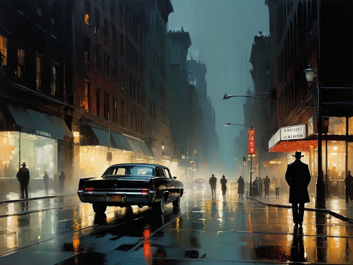 Moody Night City Street Scene with Classic Car
