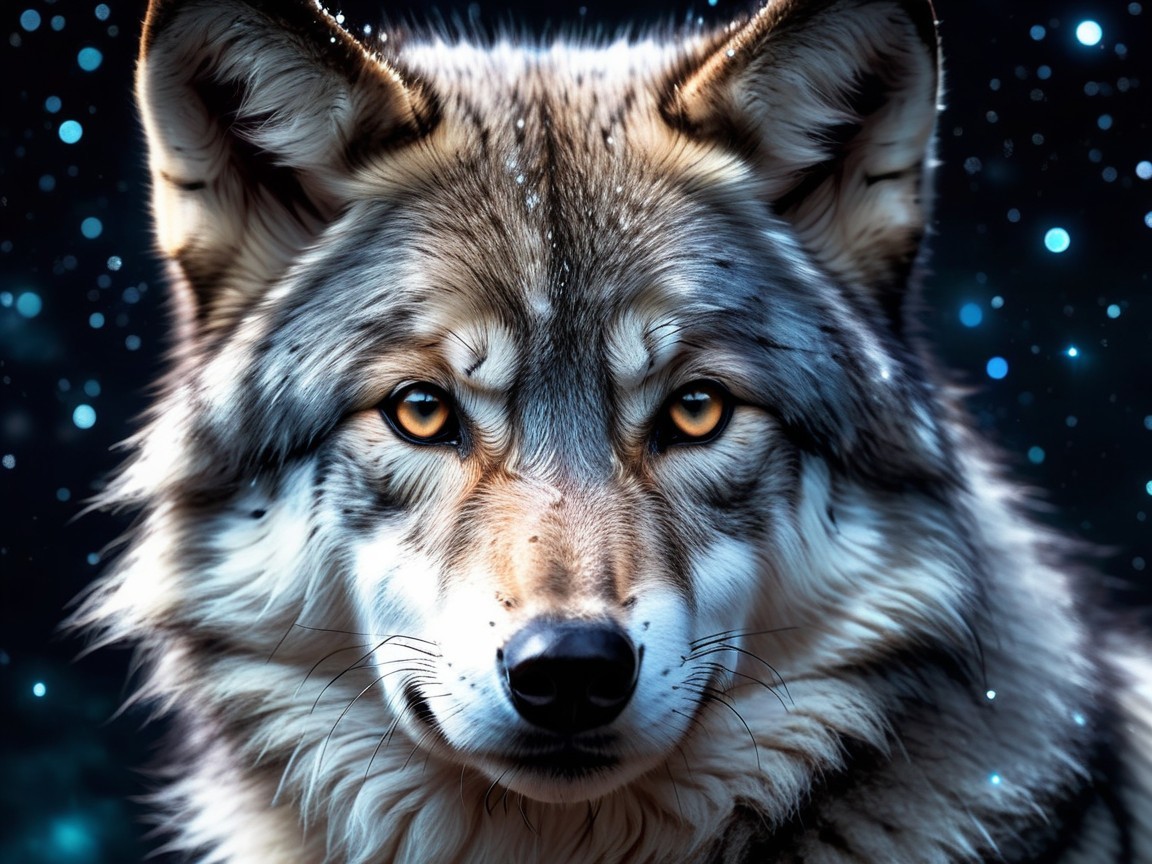 Majestic wolf with detailed face and starry background