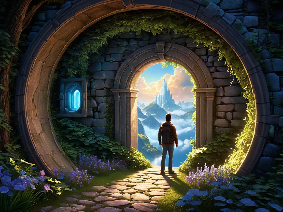 Mystical Landscape with Archway and Castle in Clouds