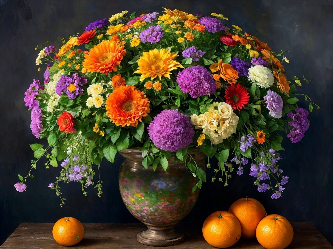 Vibrant Floral Arrangement with Ripe Oranges