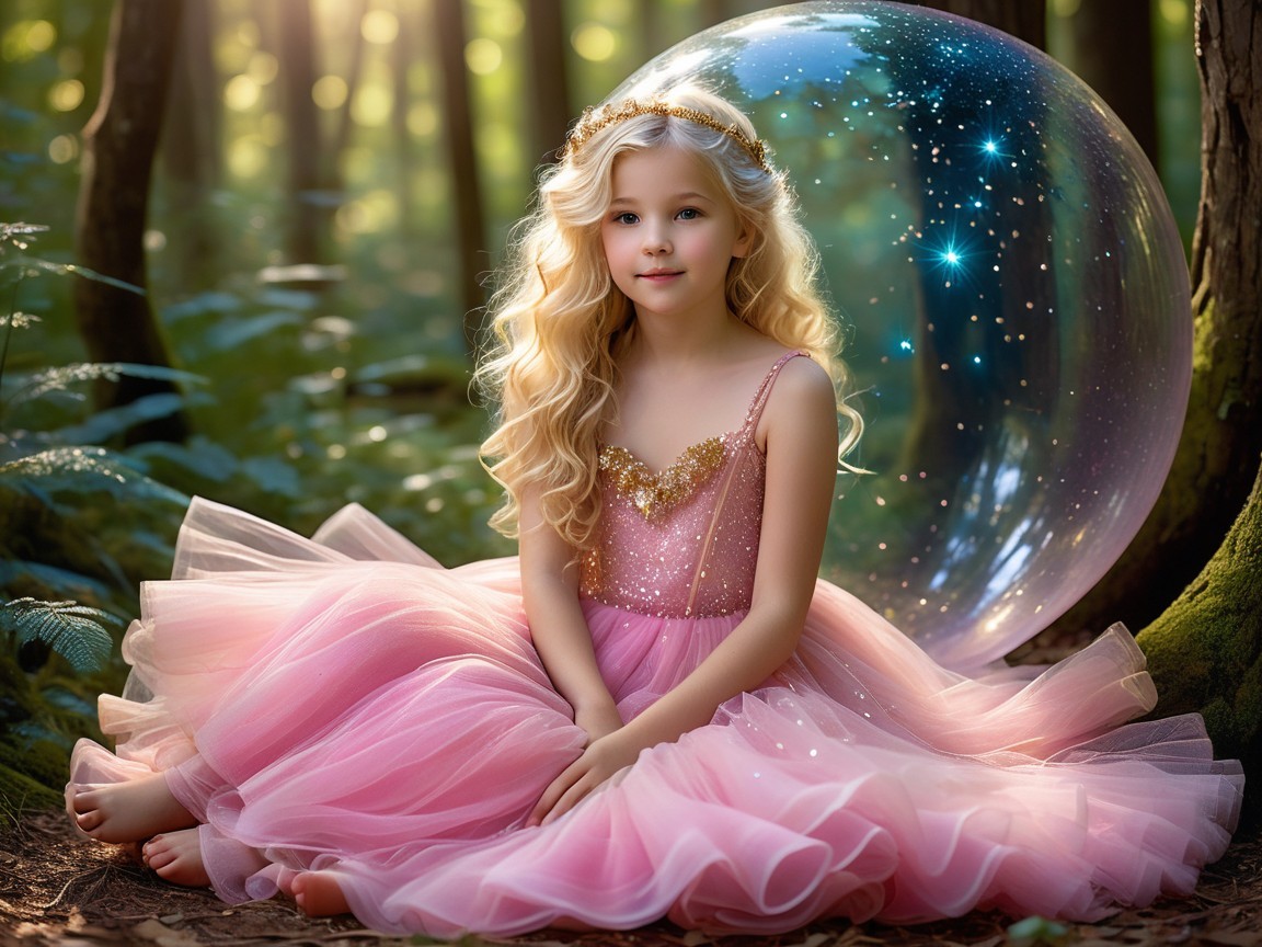 Young girl in pink dress amidst a magical forest scene