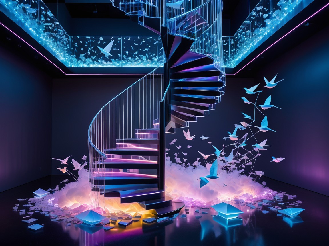 Futuristic Spiral Staircase with Neon Colors and Cranes