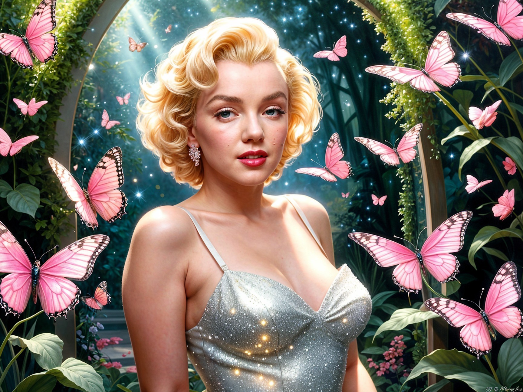 Glamorous Figure in Enchanted Garden with Butterflies