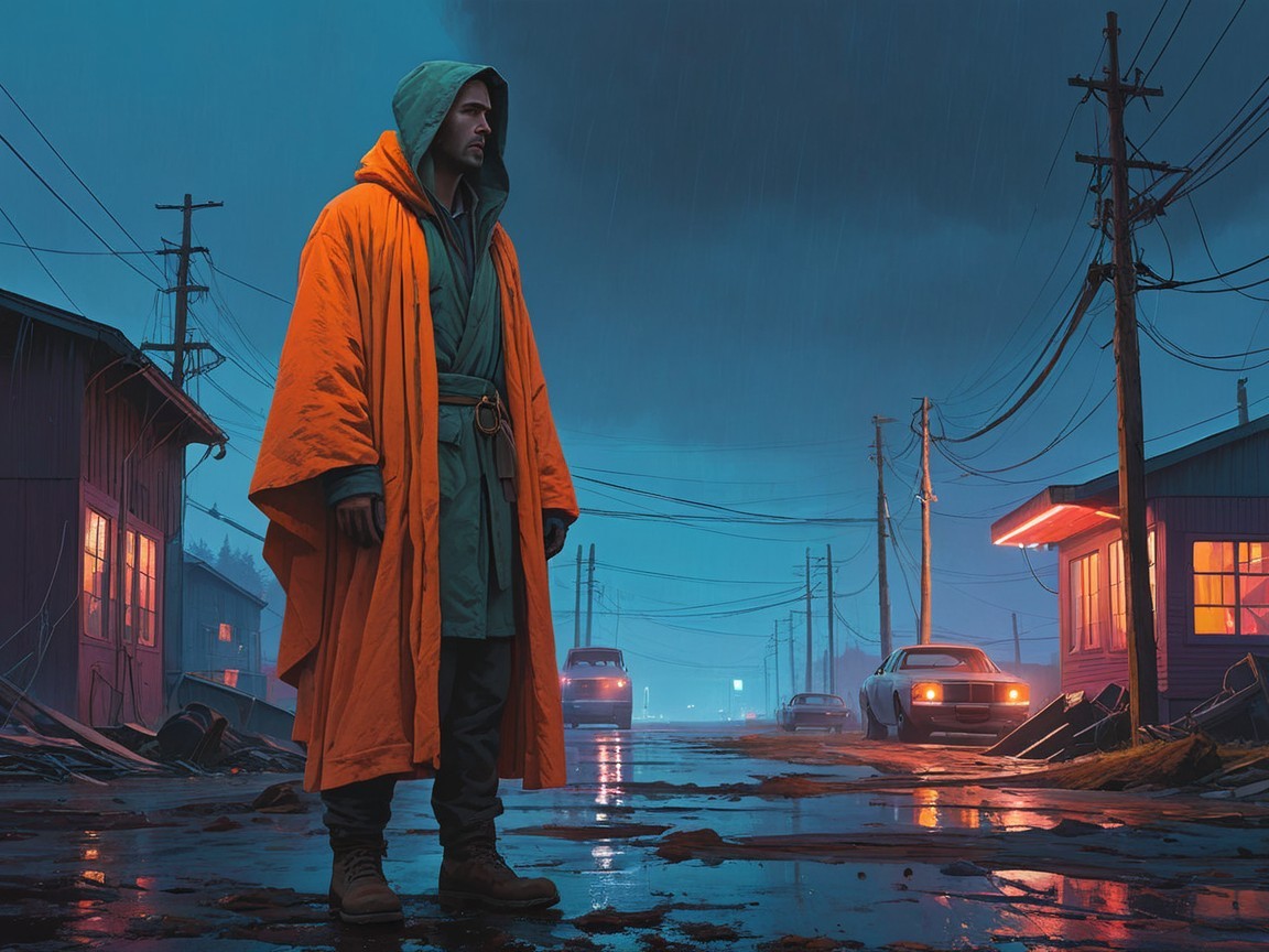 Lone Figure in Rain-Soaked Urban Landscape with Cloak