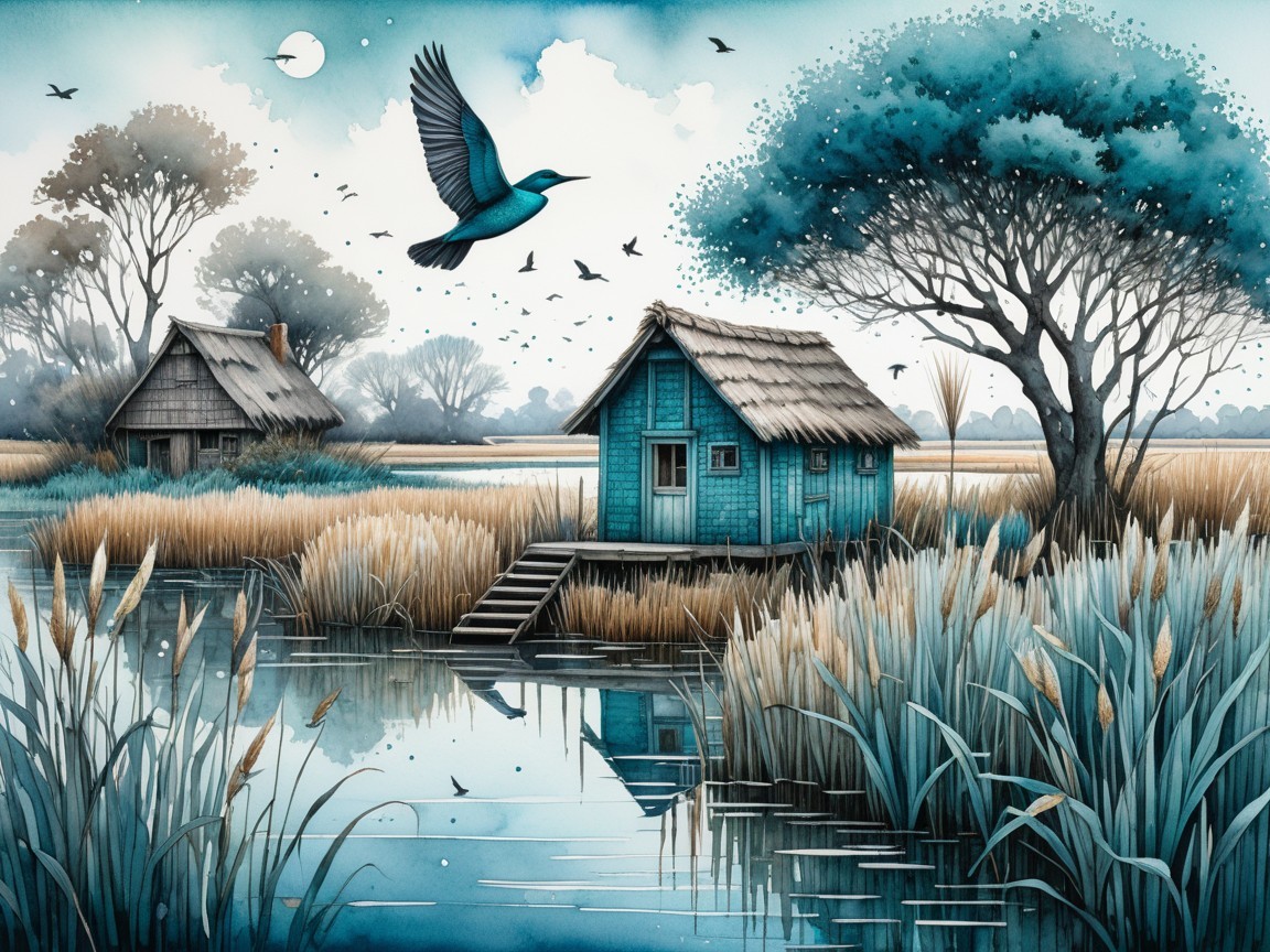 Tranquil Blue House in Serene Rural Landscape