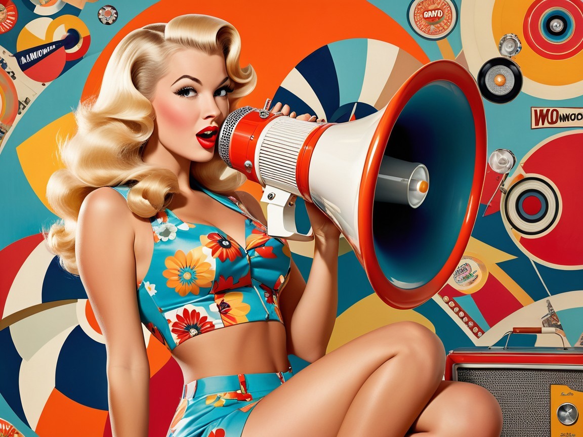 Glamorous Woman with Vintage Curls and Megaphone