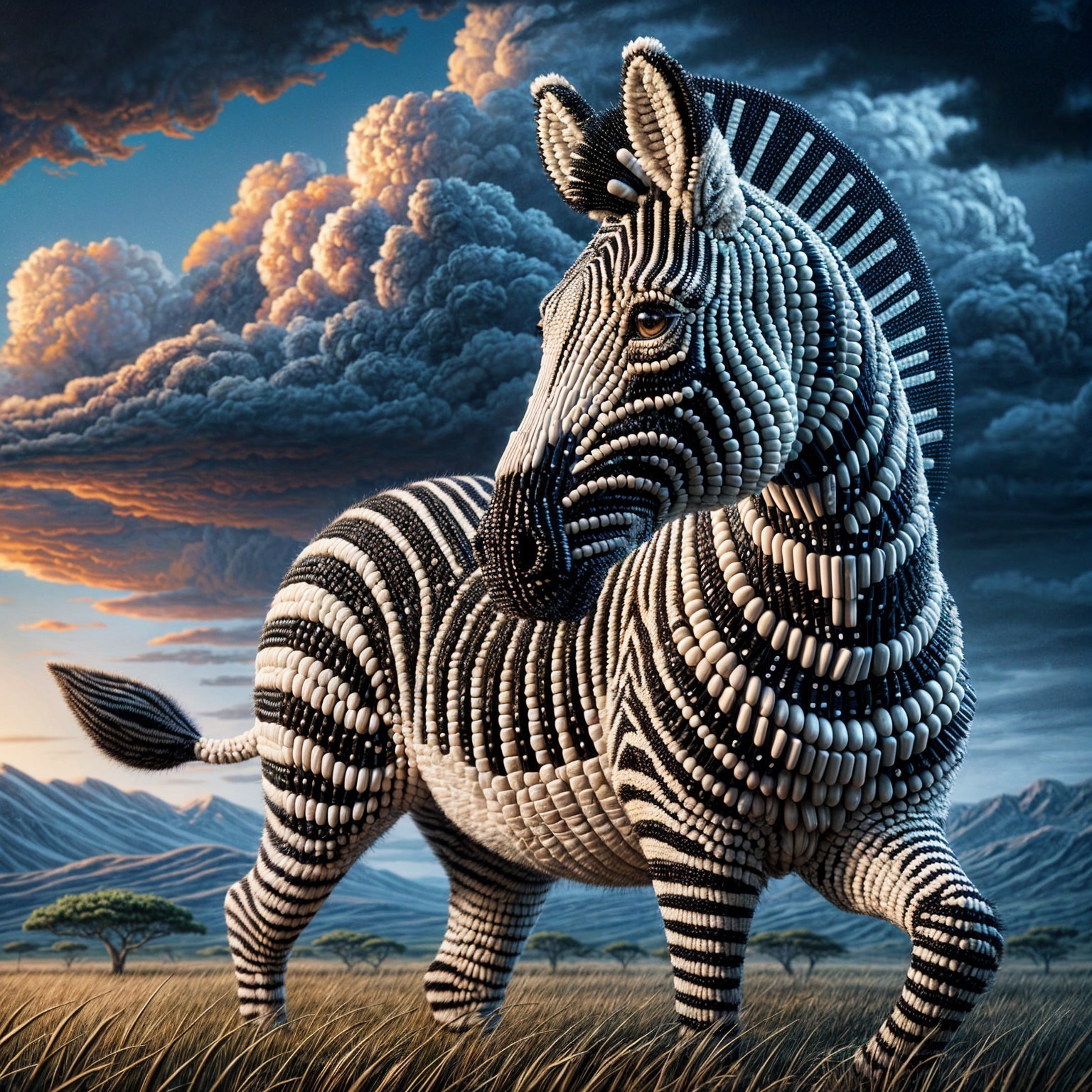 Beaded Zebra in a Colorful Landscape Scene