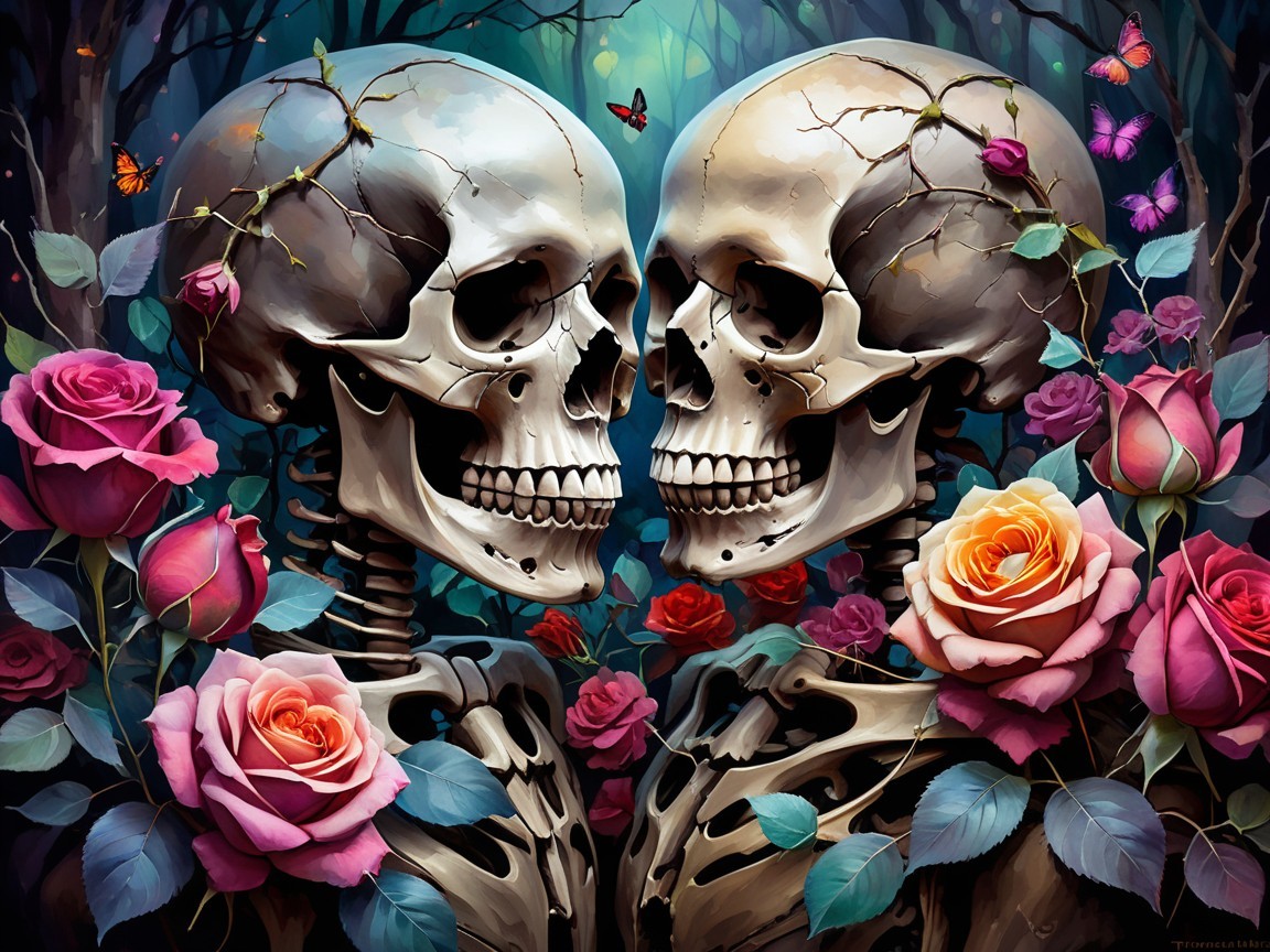 Intricate Skeletons Surrounded by Vibrant Roses and Butterflies