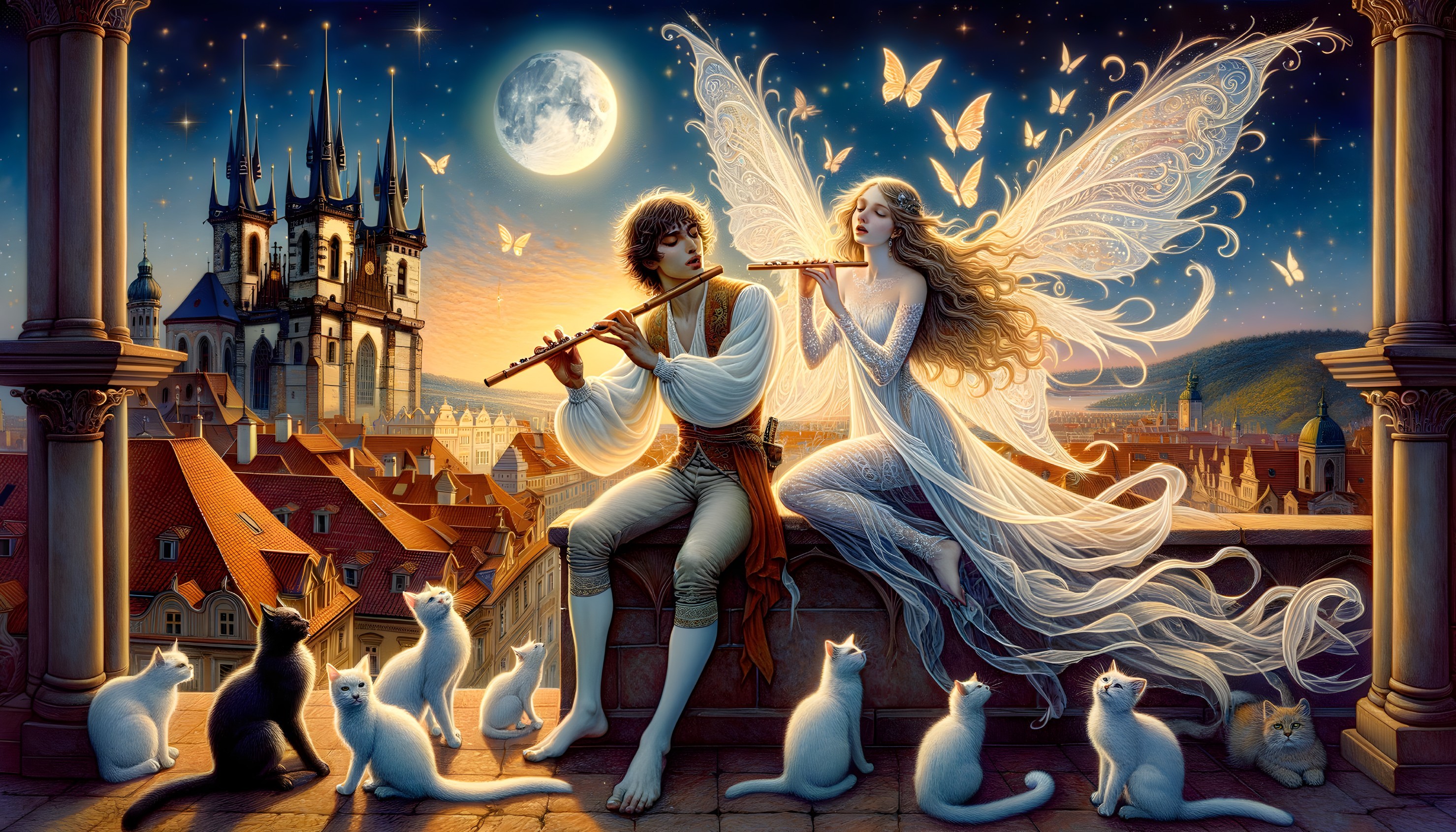Twilight Scene with Man, Fairy, and Cats on Balcony