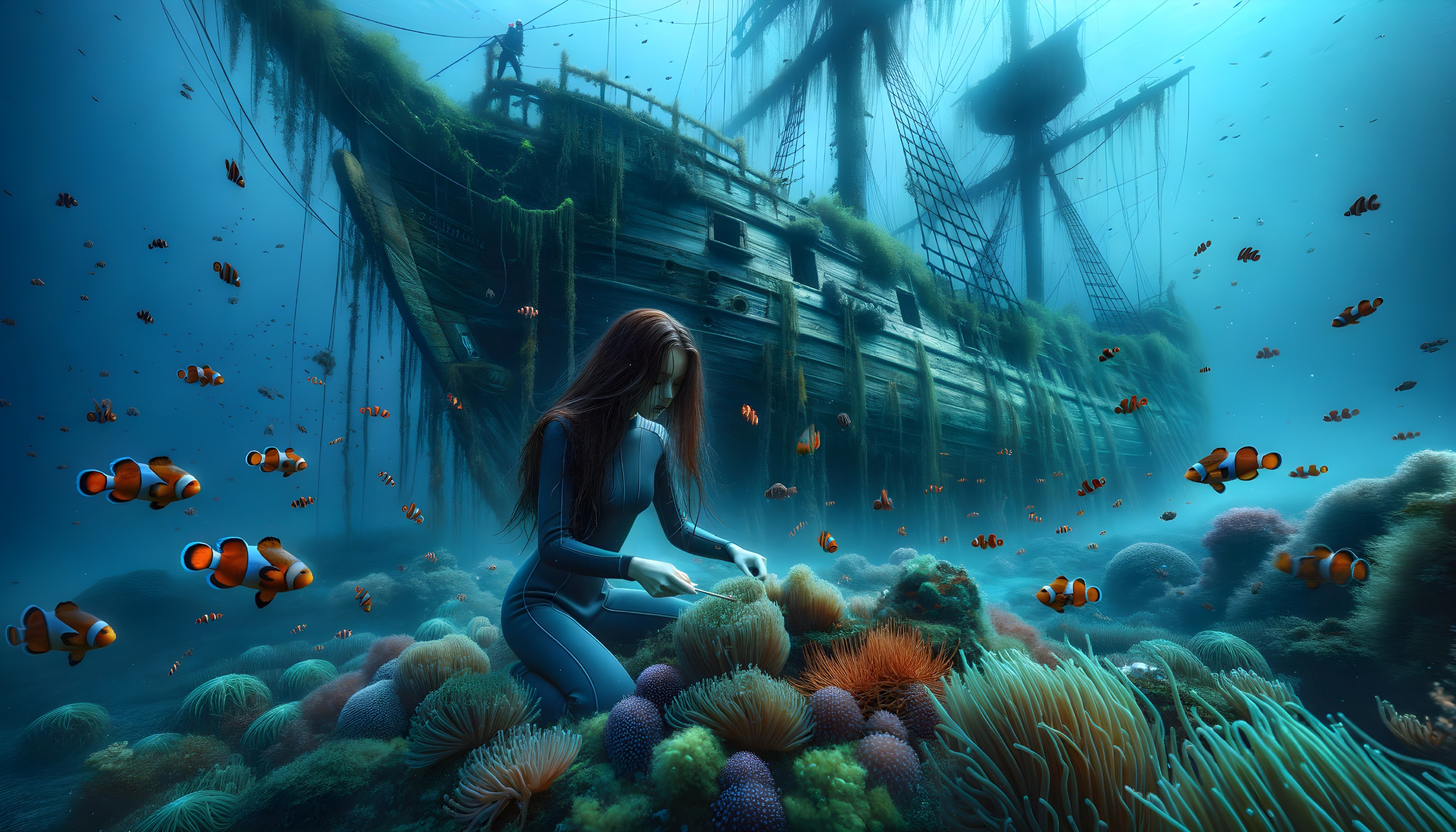 Diver Explores Colorful Coral Reef and Sunken Ship