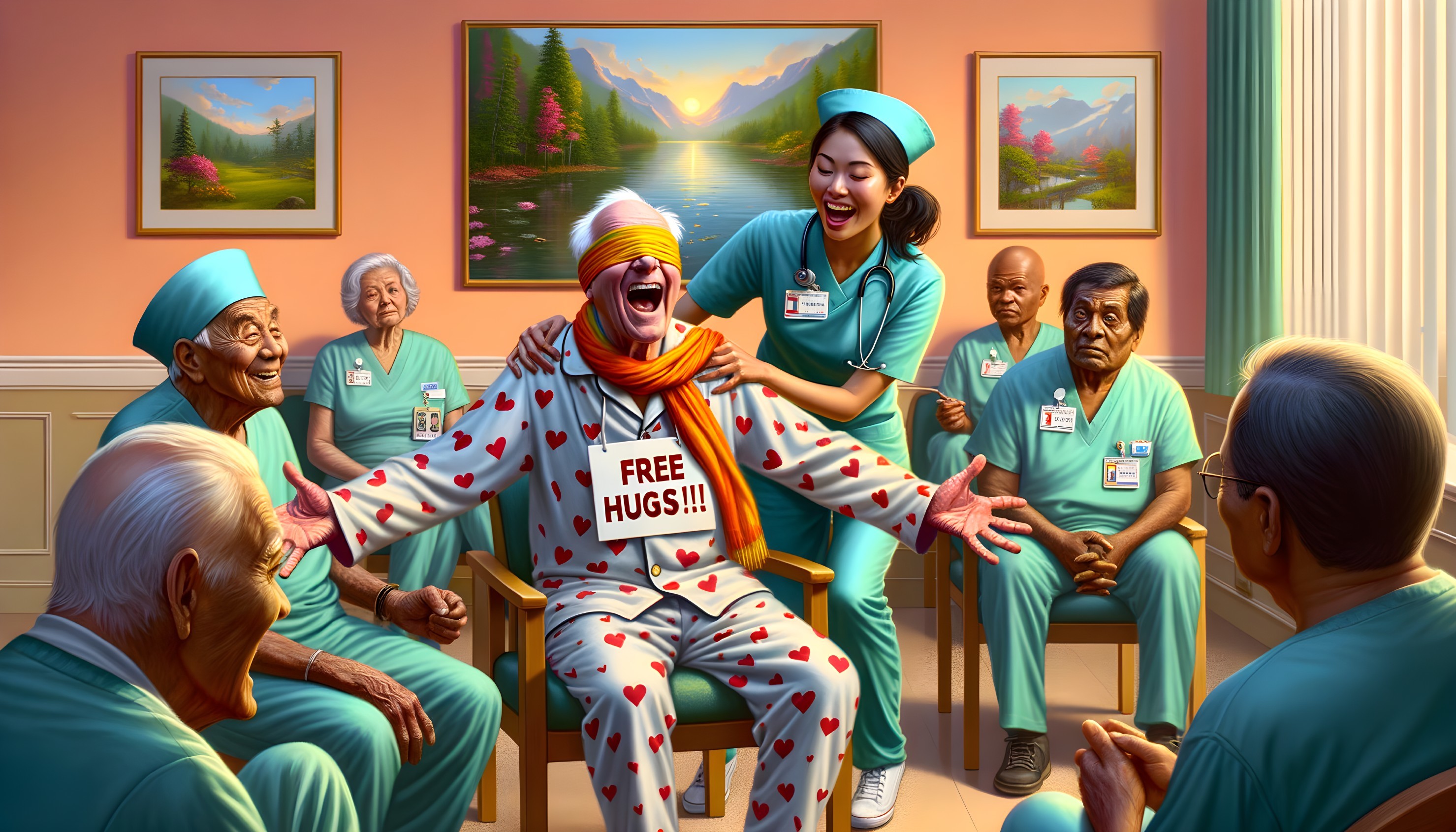 Elderly Man in Heart Outfit with Free Hugs Sign