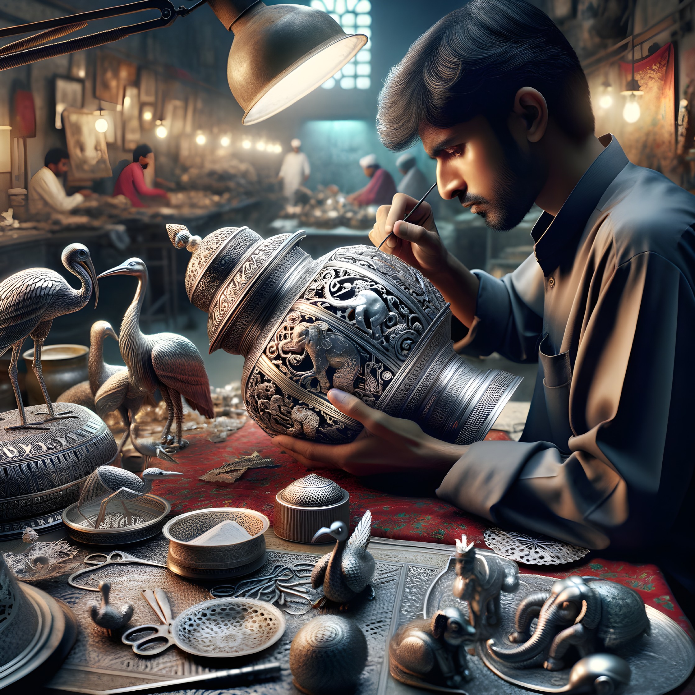 Intricate Metal Urn Carving in Artisan Workshop