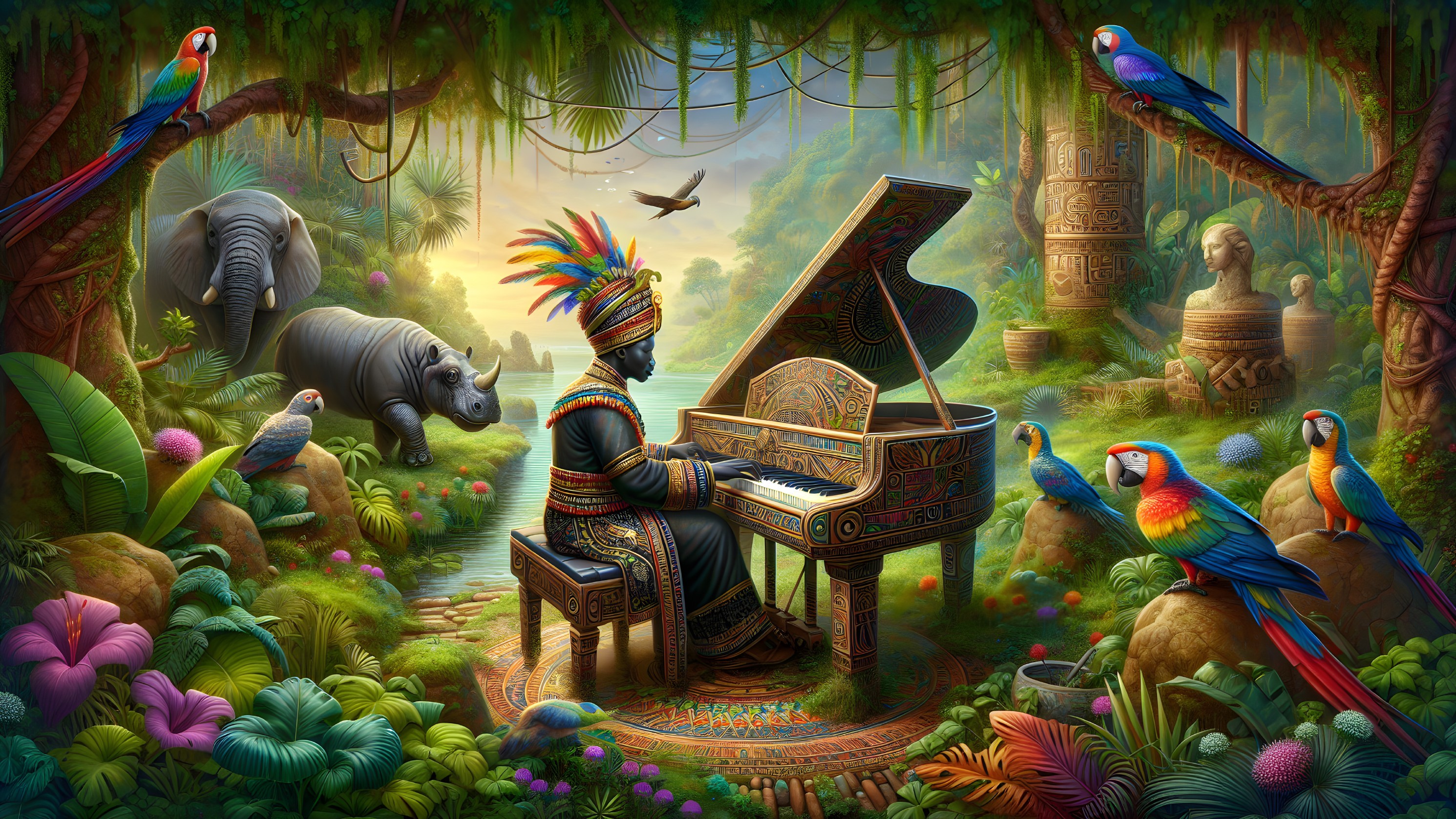 Musician in Jungle with Piano and Exotic Wildlife