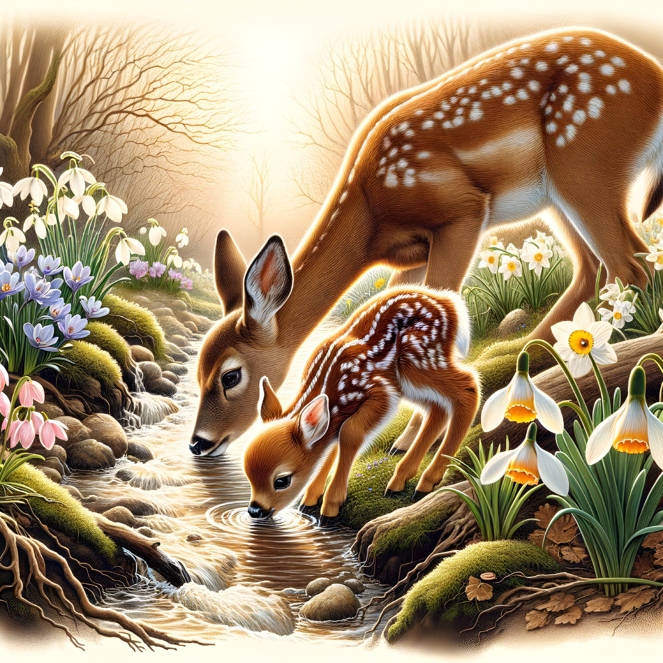 Mother Deer and Fawn by a Stream in Lush Greenery