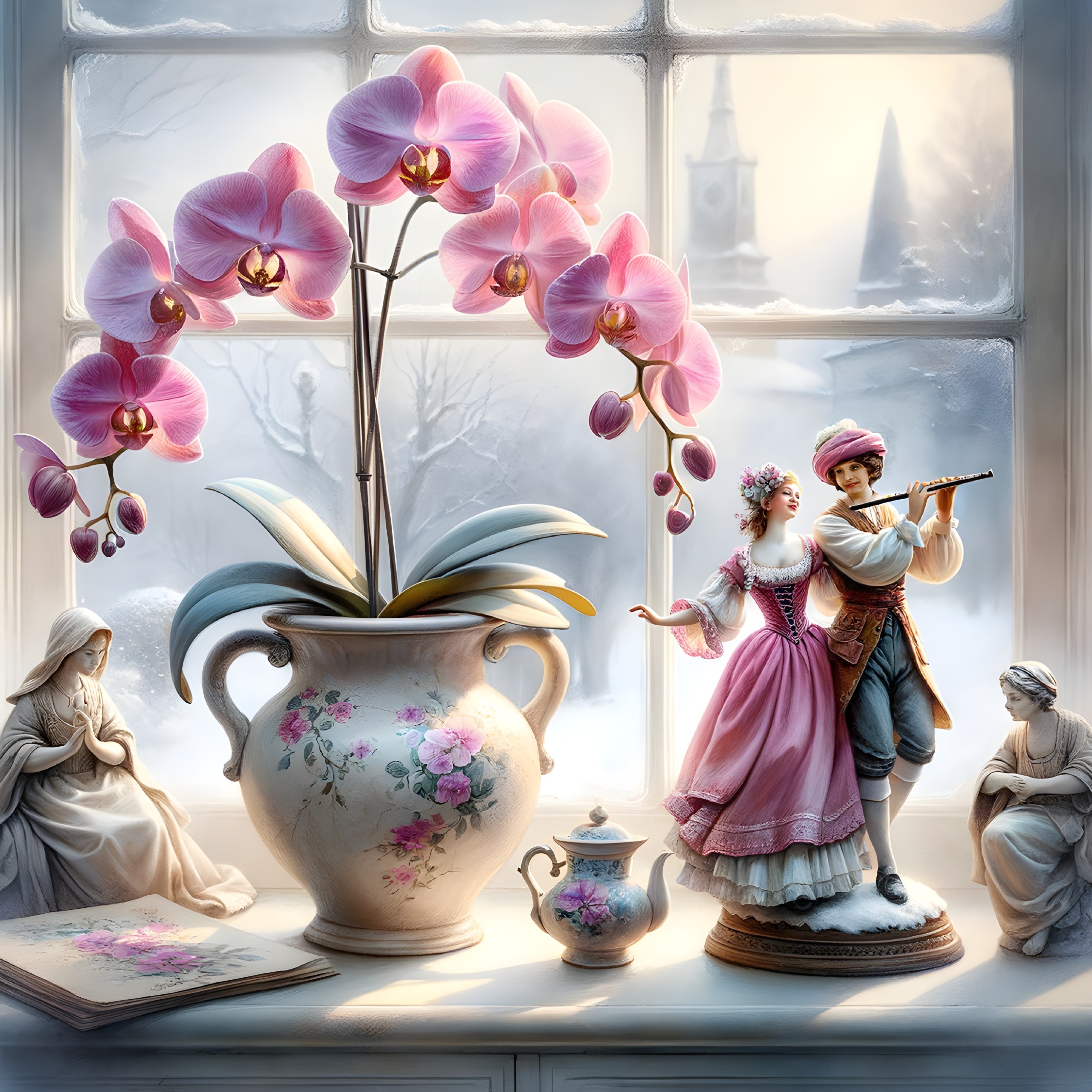 Cozy Winter Scene with Orchids and Figurines