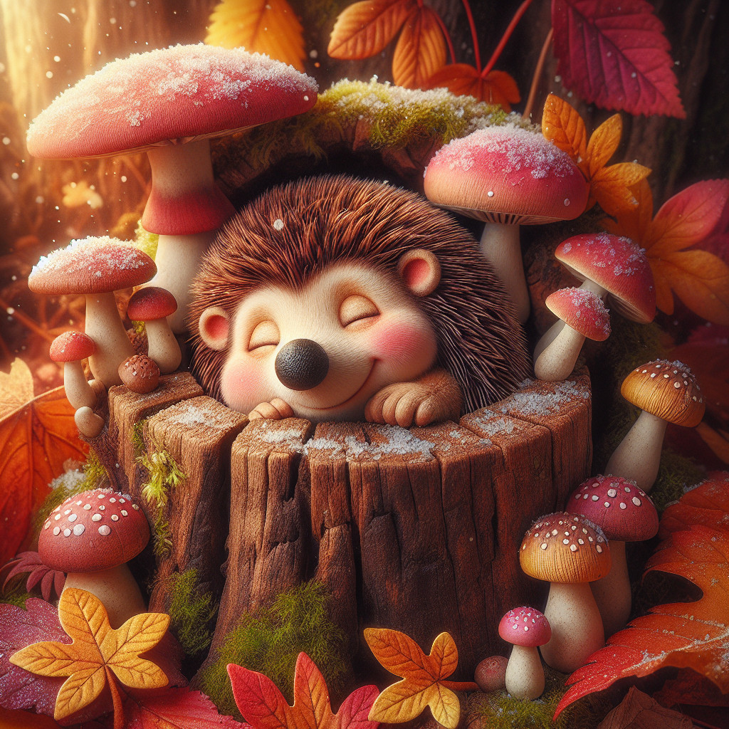 Hedgehog Sleeping in Cozy Stump Surrounded by Autumn