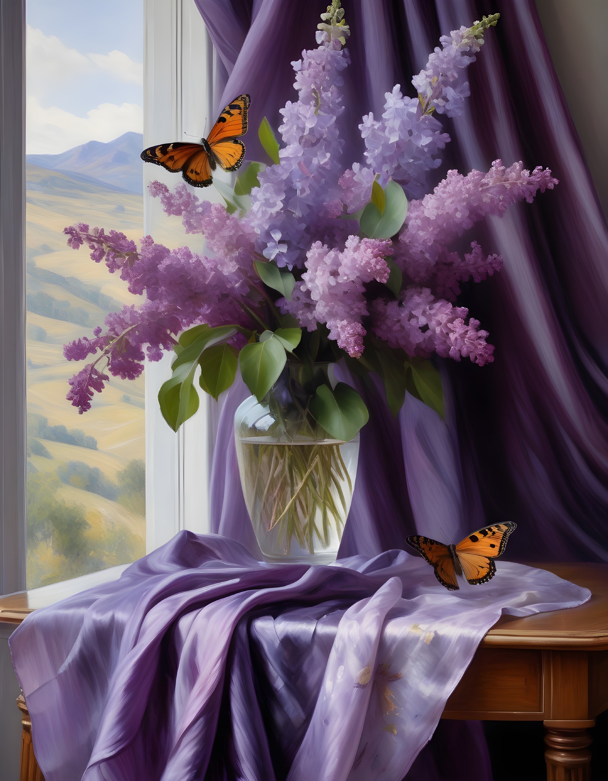 Vibrant Still Life with Lilac Blooms and Butterflies
