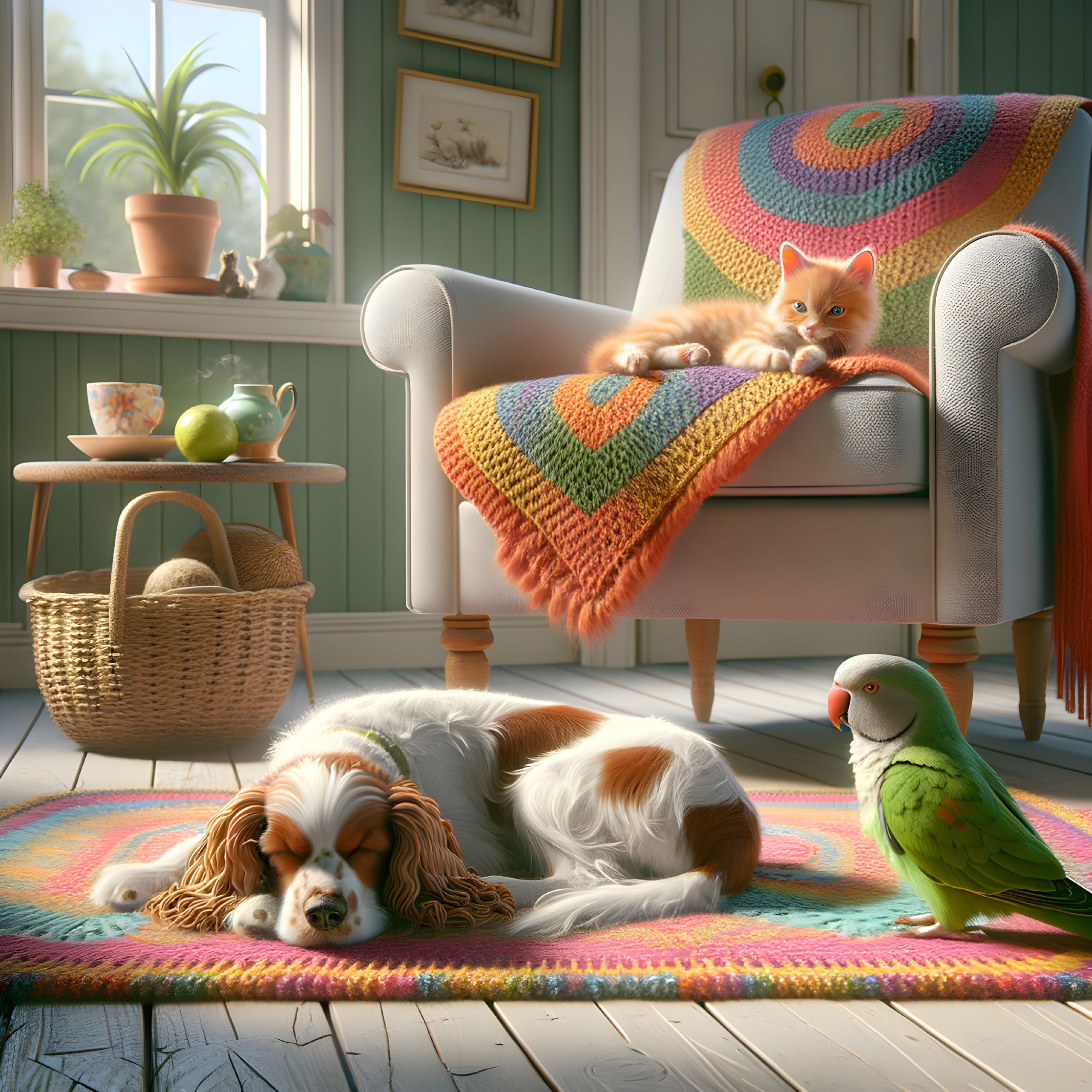 Cozy Living Room with Sleeping Dog and Cat