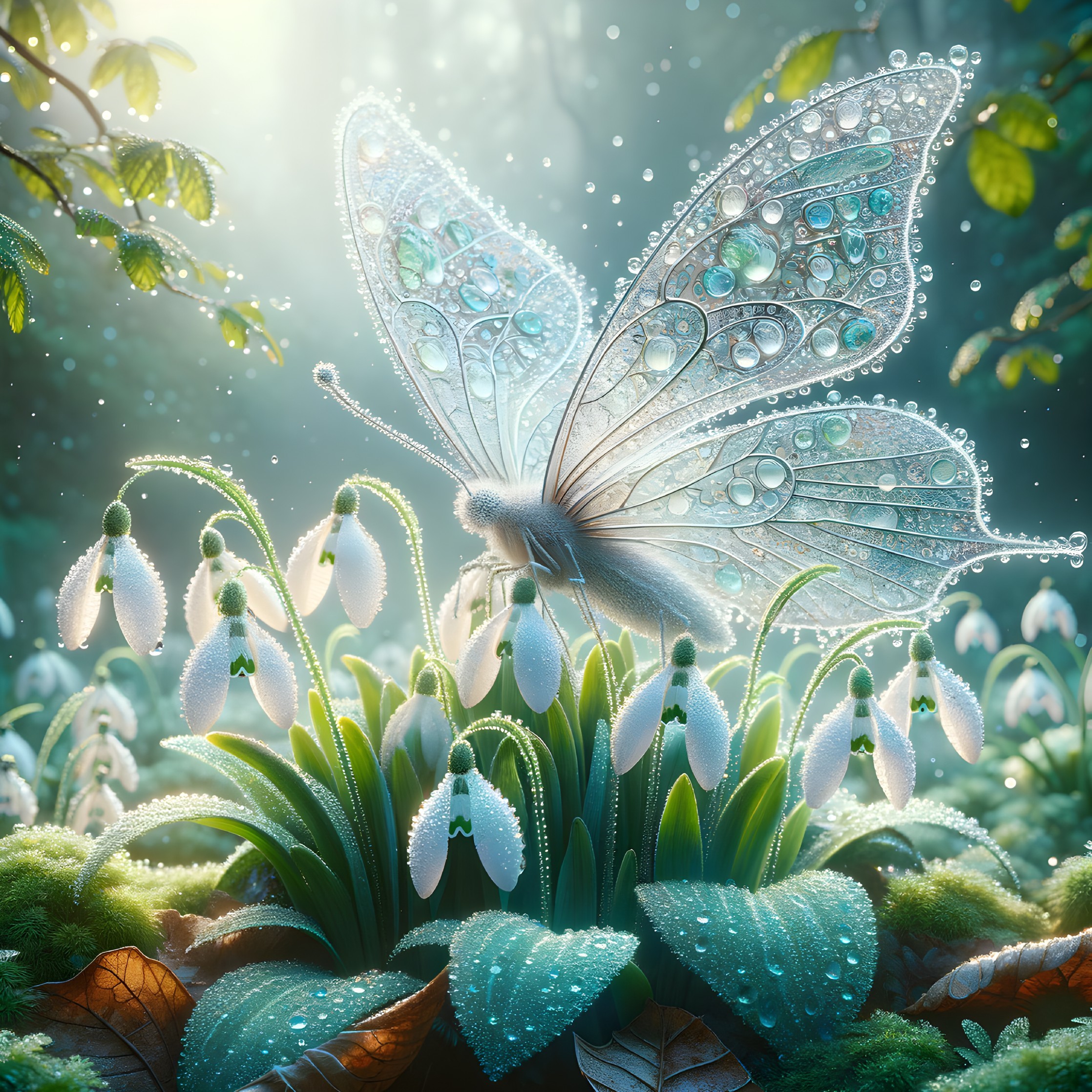 Ethereal Butterfly on Snowdrop Flowers in Forest