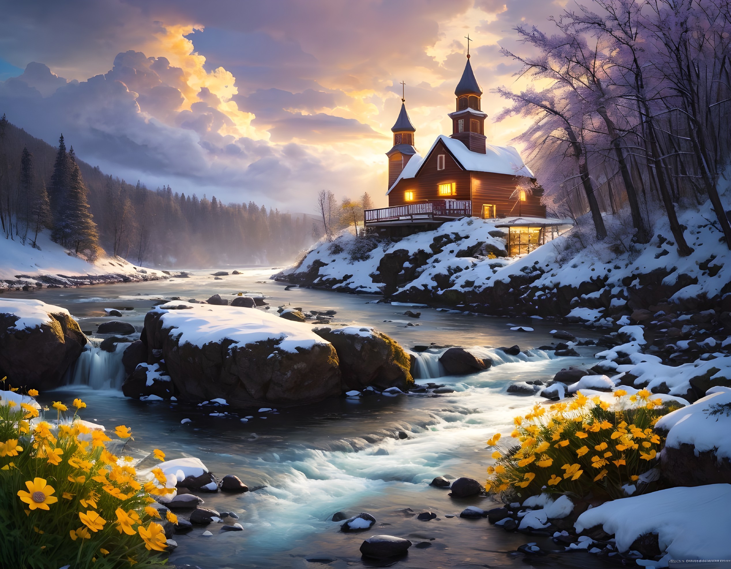 Wooden church by river in snowy landscape at sunset
