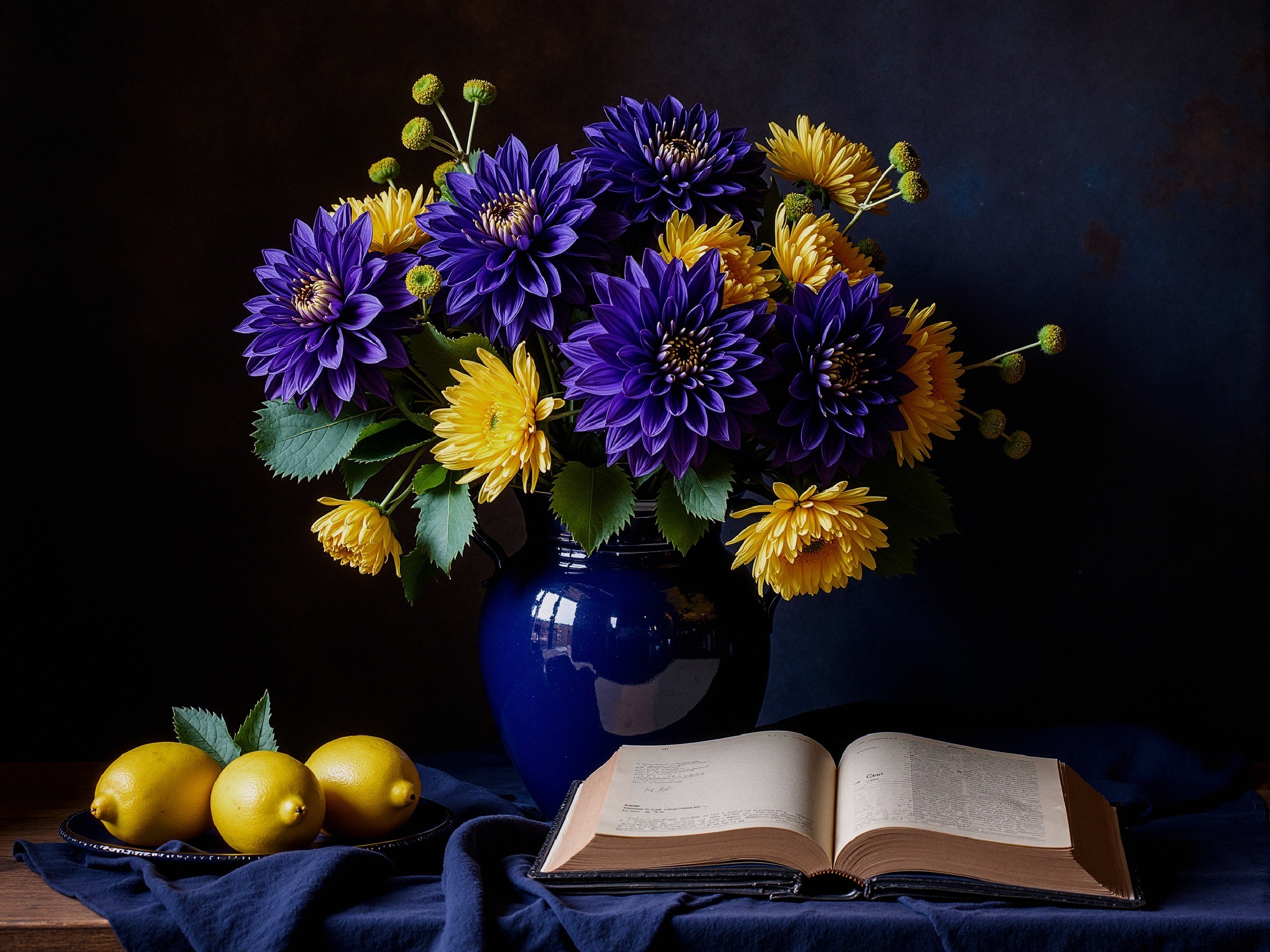 Vibrant Still Life with Flowers, Book, and Lemons