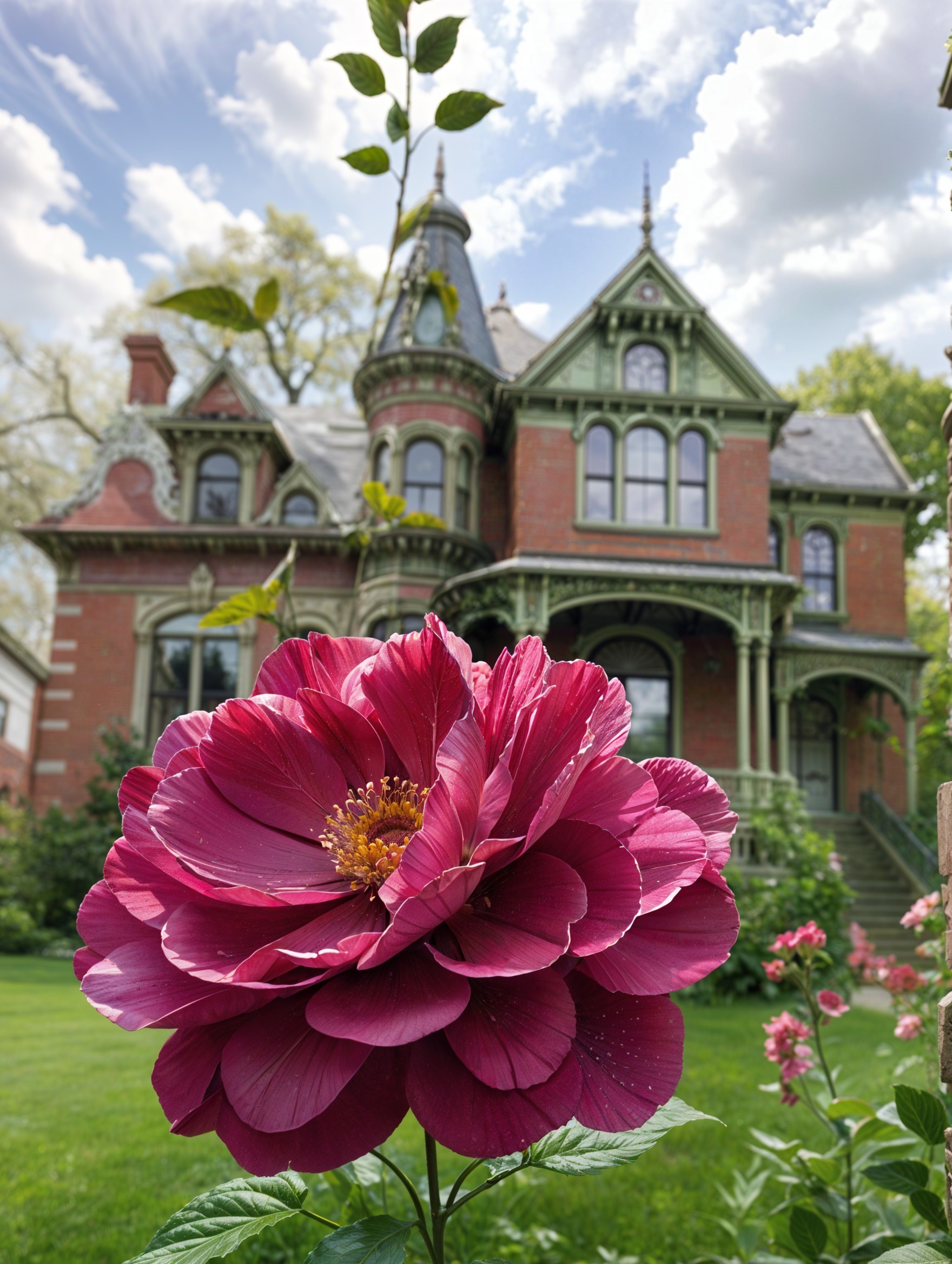 Magenta Flower and Historic Mansion in Scenic Setting