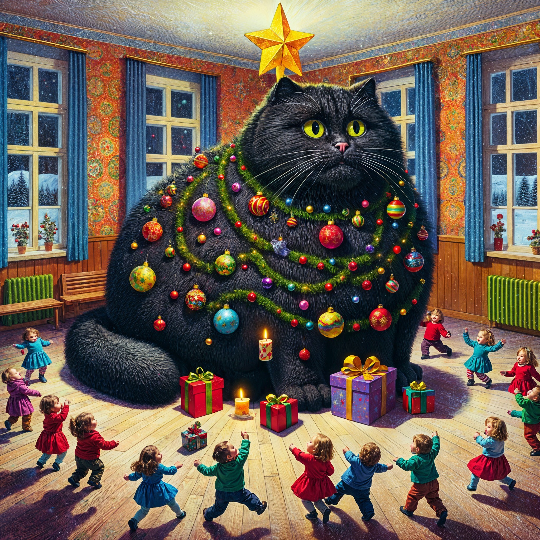 Giant Black Cat Surrounded by Children in Festive Room