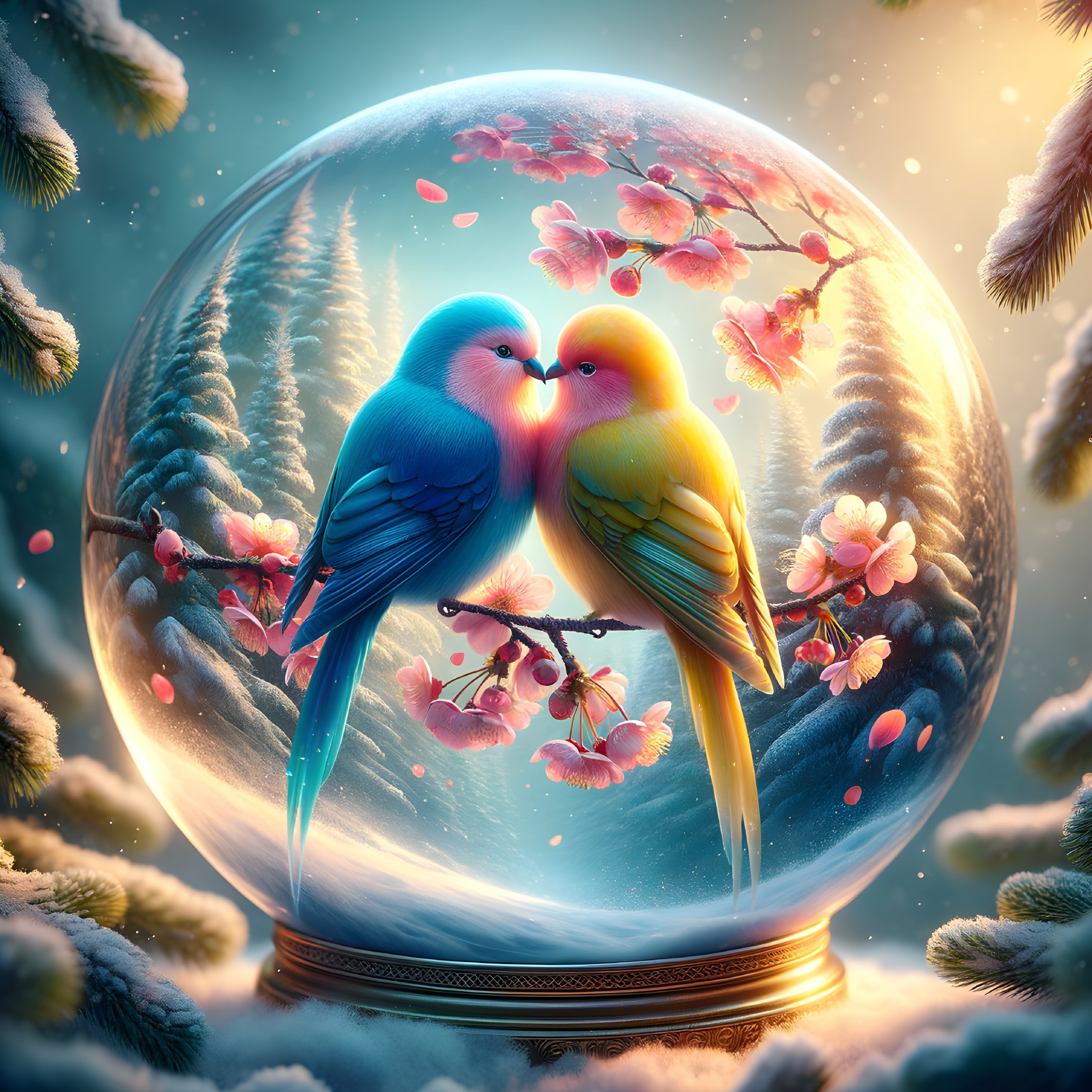 Snow Globe with Colorful Birds and Cherry Blossoms