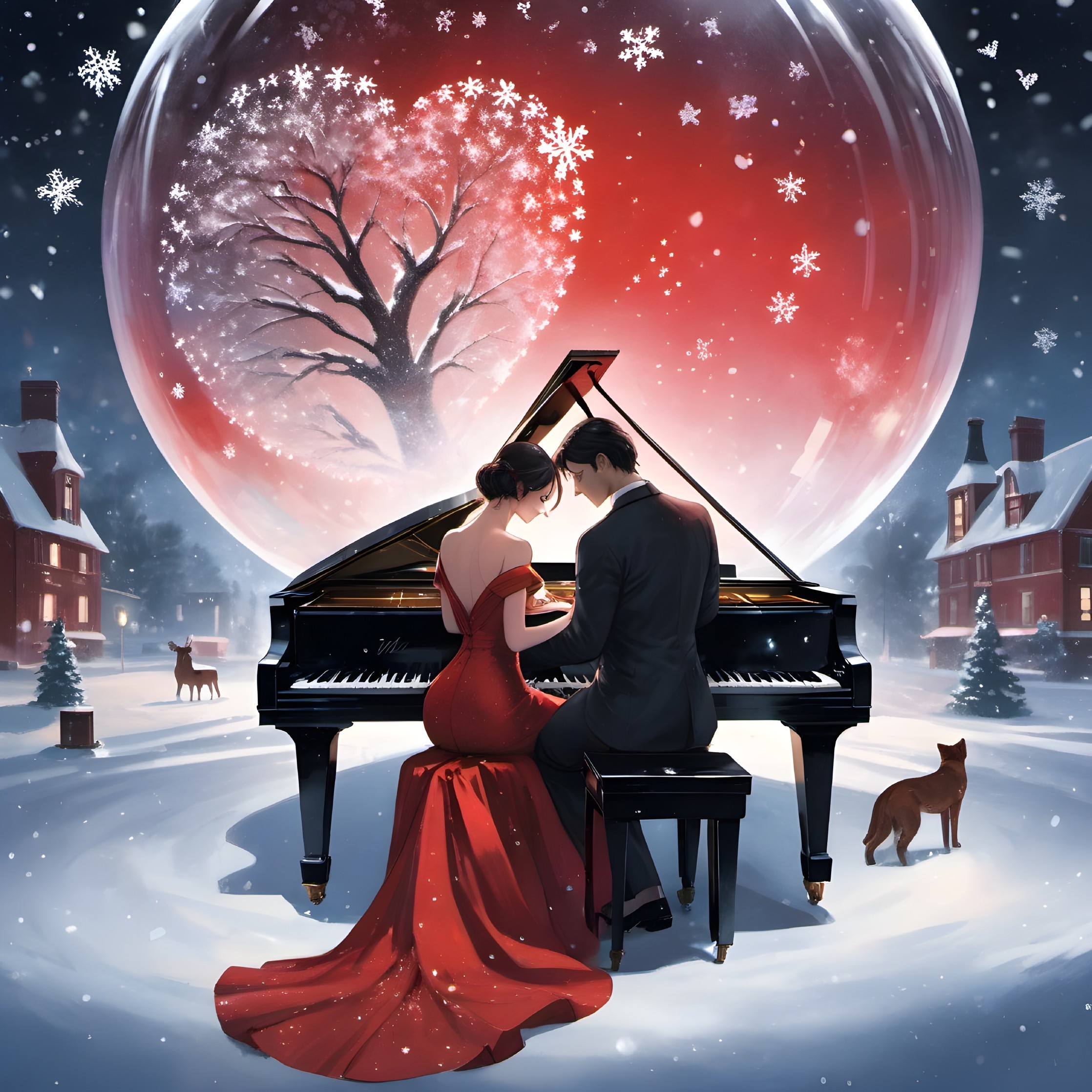 Couple playing piano in winter snow globe with fox