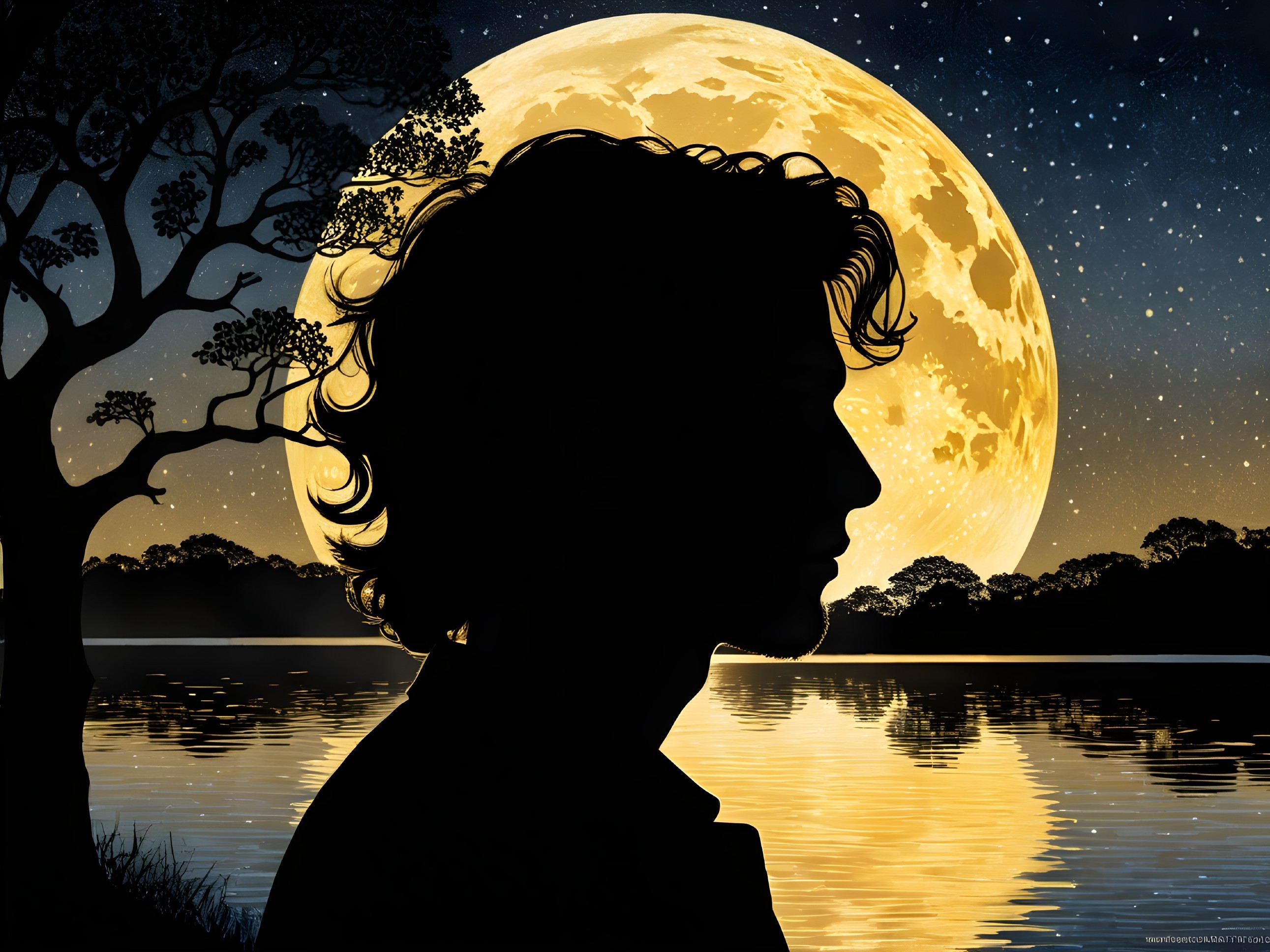 Silhouette of a Young Man Against a Full Moon Scene