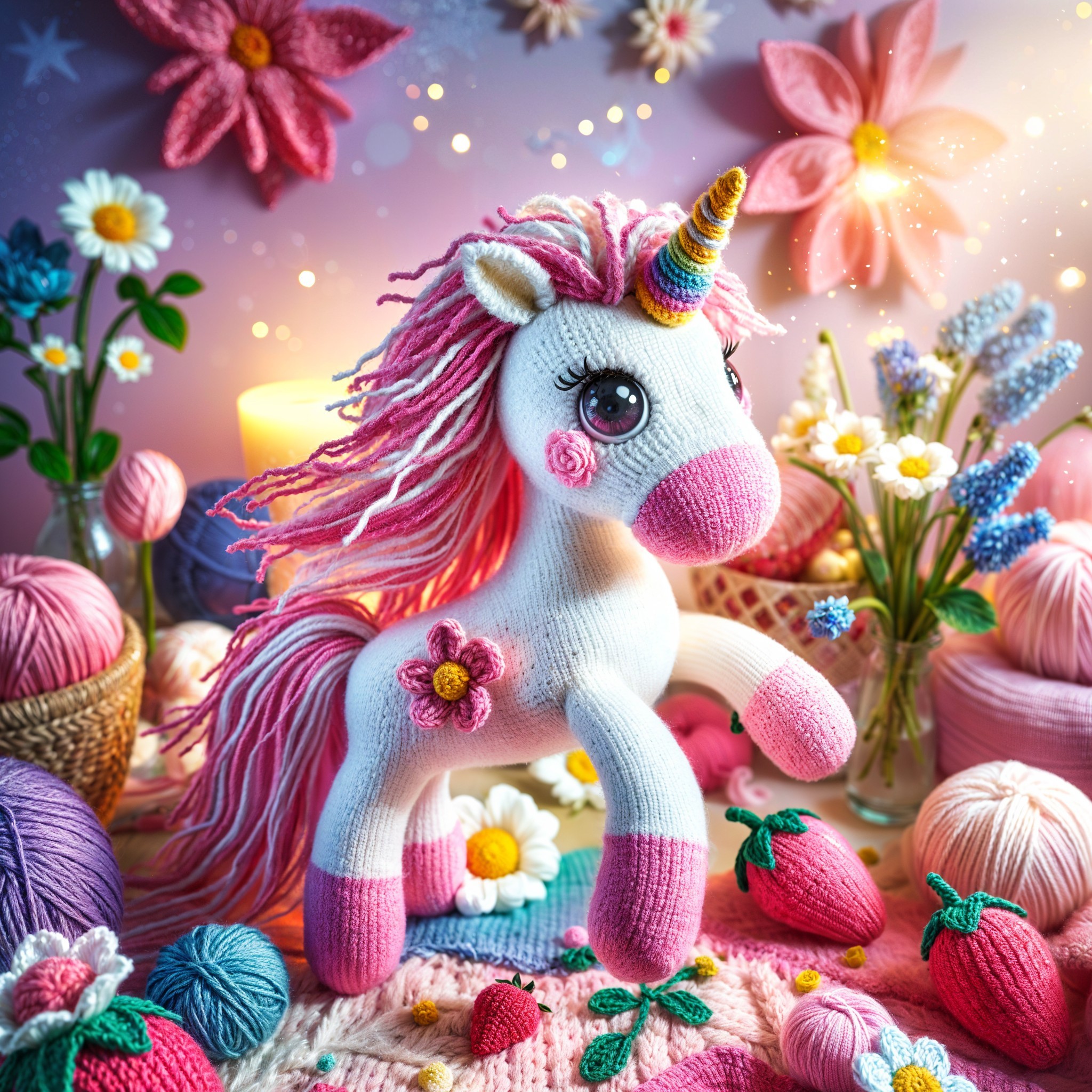 Knitted Unicorn Surrounded by Colorful Yarn and Flowers