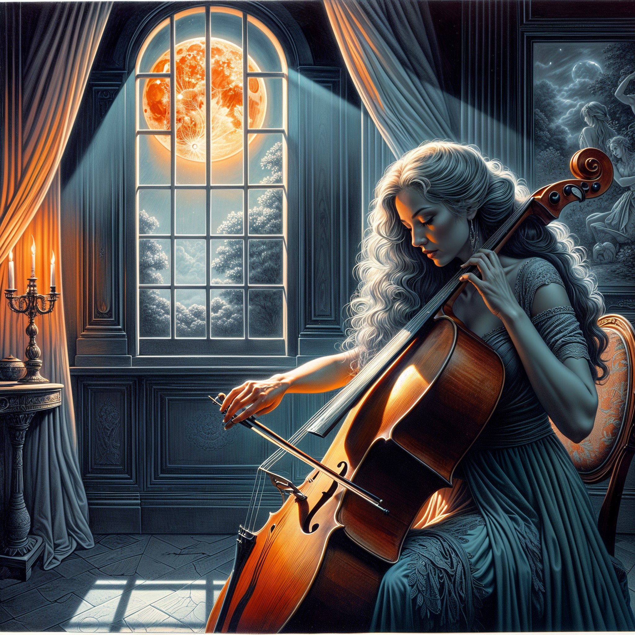 Elegant Woman Playing Cello in Candlelit Room
