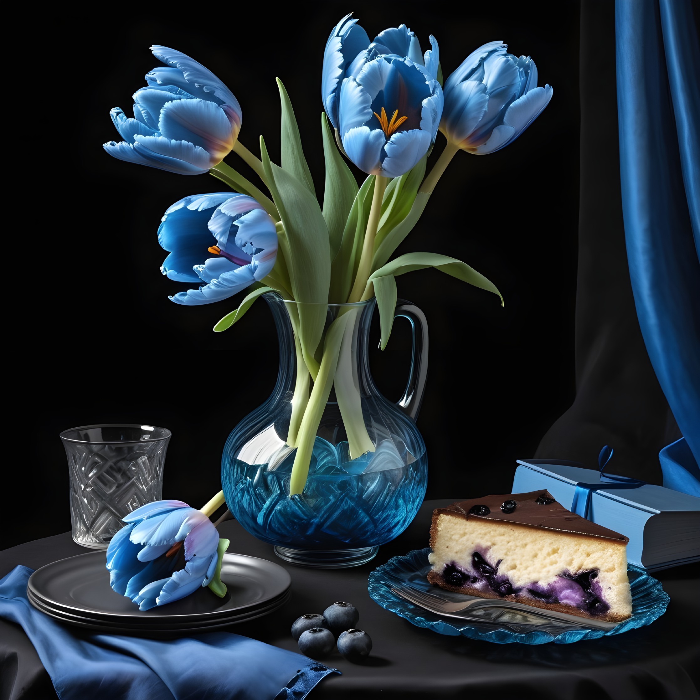 Still-Life with Blue Tulips and Cheesecake Display