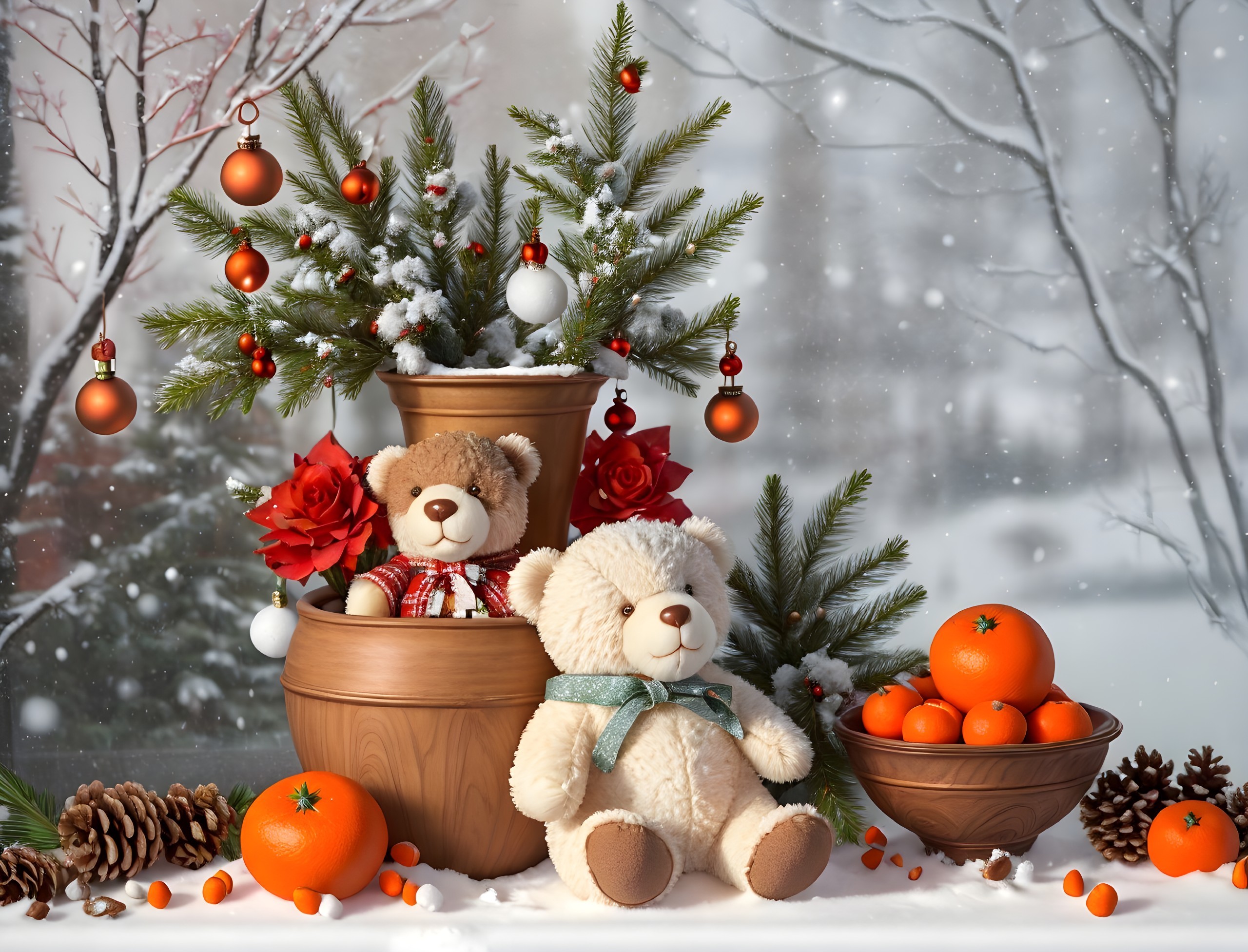 Winter-themed teddy bear scene with oranges, pinecones, and festive pine tree pot in snow