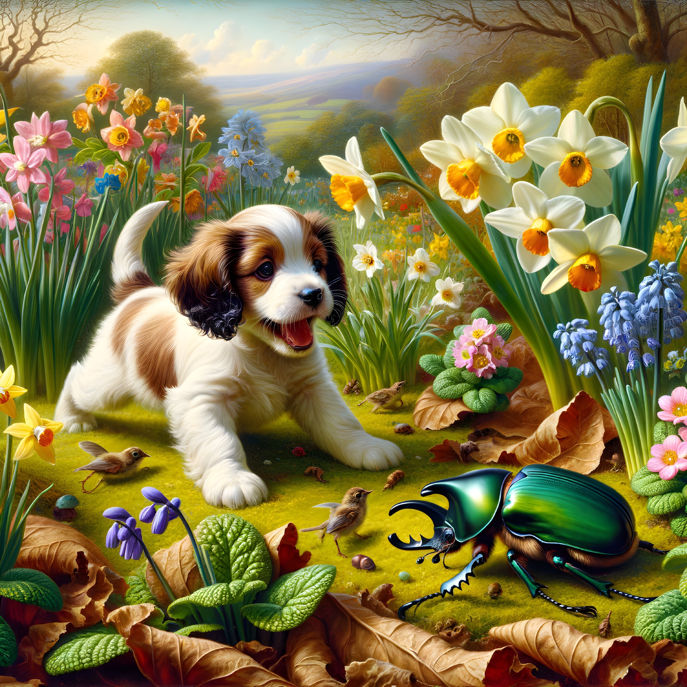 Playful Puppy in Vibrant Spring Garden Setting