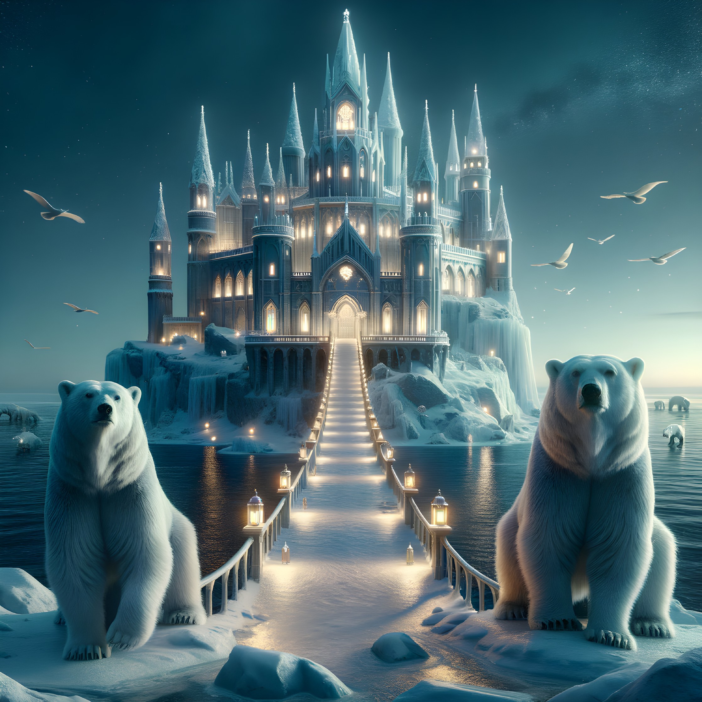 Majestic Ice Castle with Polar Bears and Lanterns