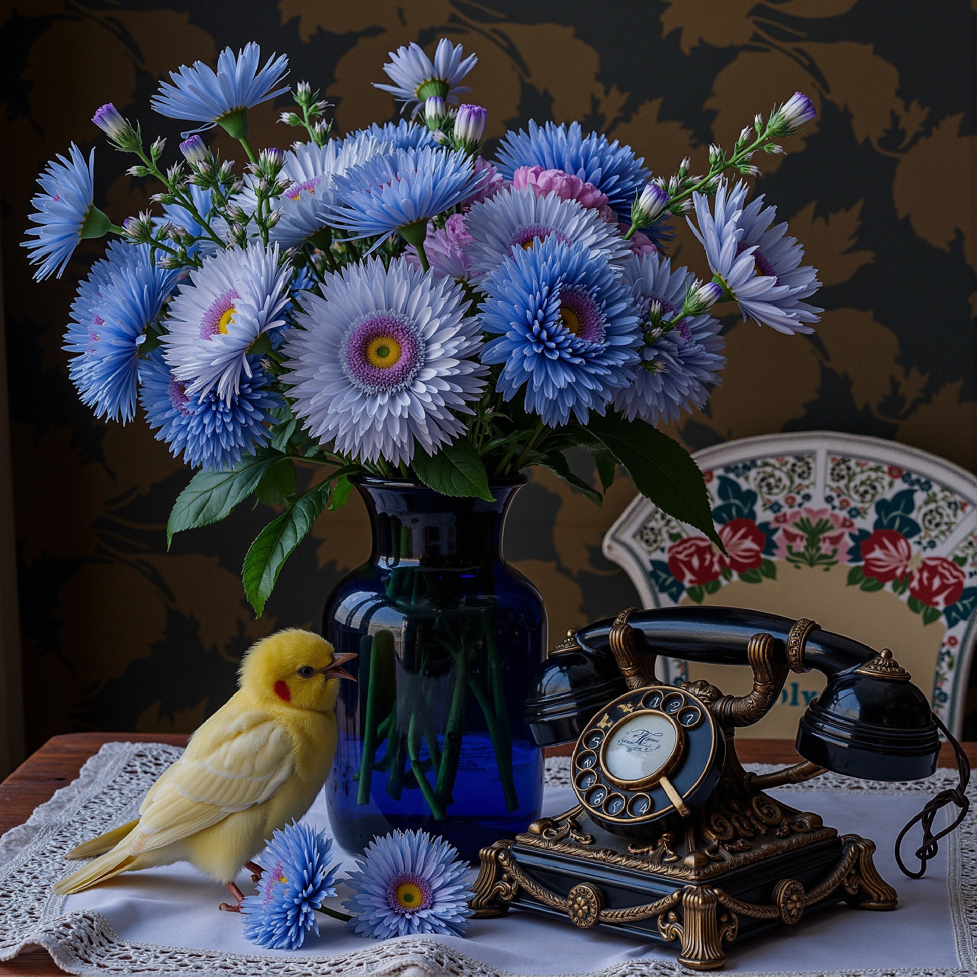Blue Daisies and Flowers in Deep Blue Vase with Canary