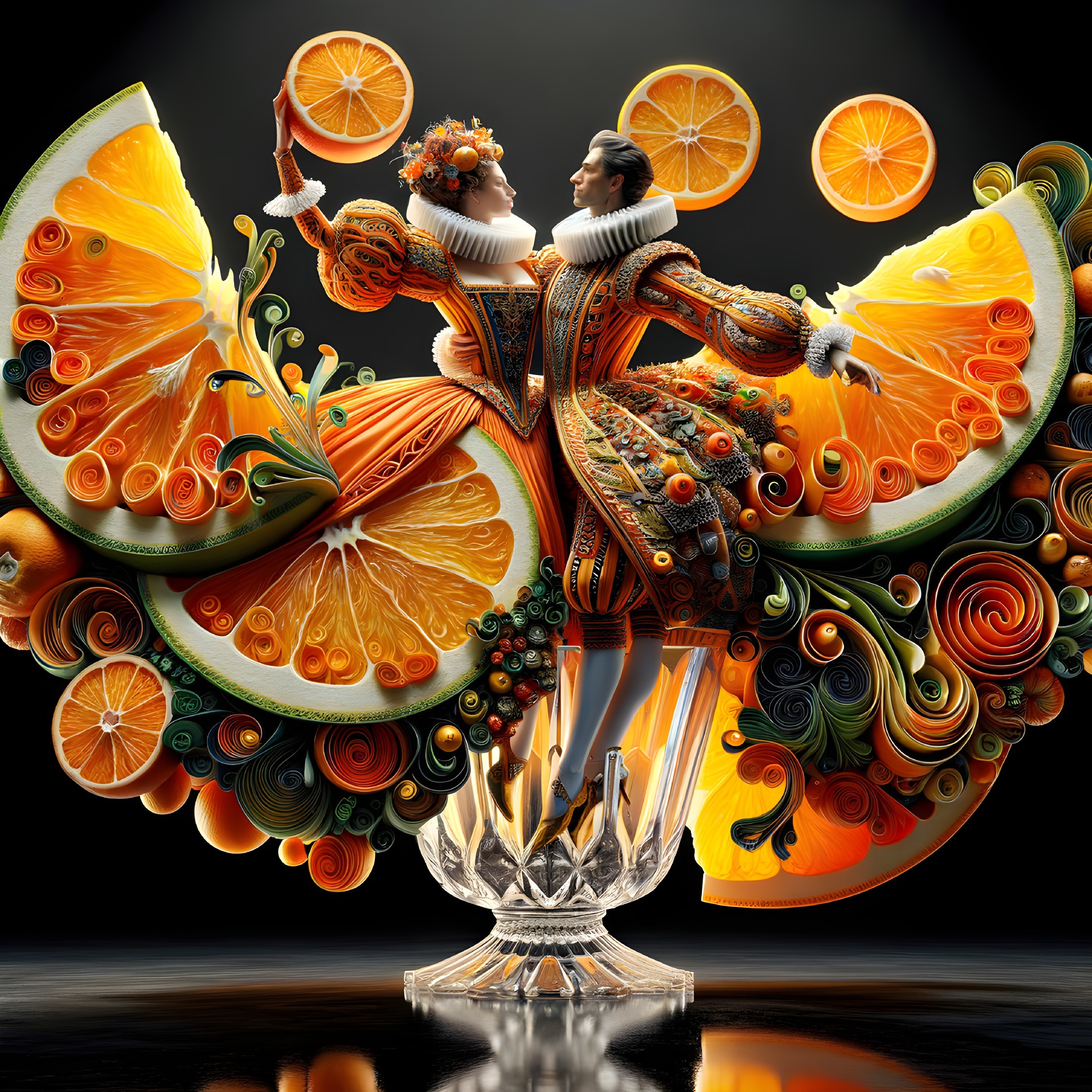 Elegant Figures Dancing with Sliced Oranges Backdrop